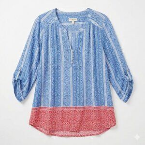 Kim Rogers Tunic Size XL Blue Red Paisley Stripe Roll Tab Sleeve Henley Blouse